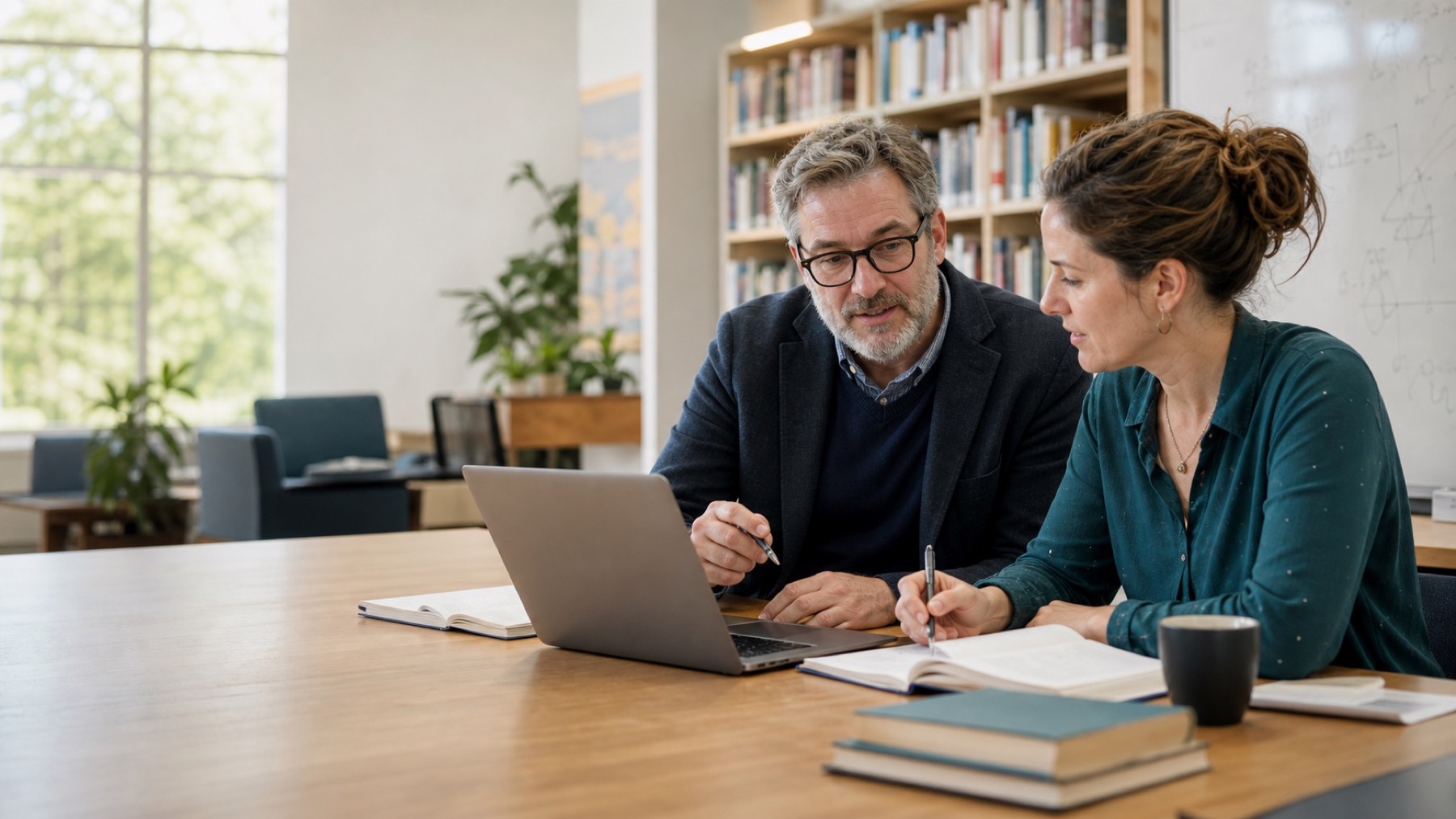 Two adult educators in a bright learning commons discussing work on a laptop with books and handwritten notes.
